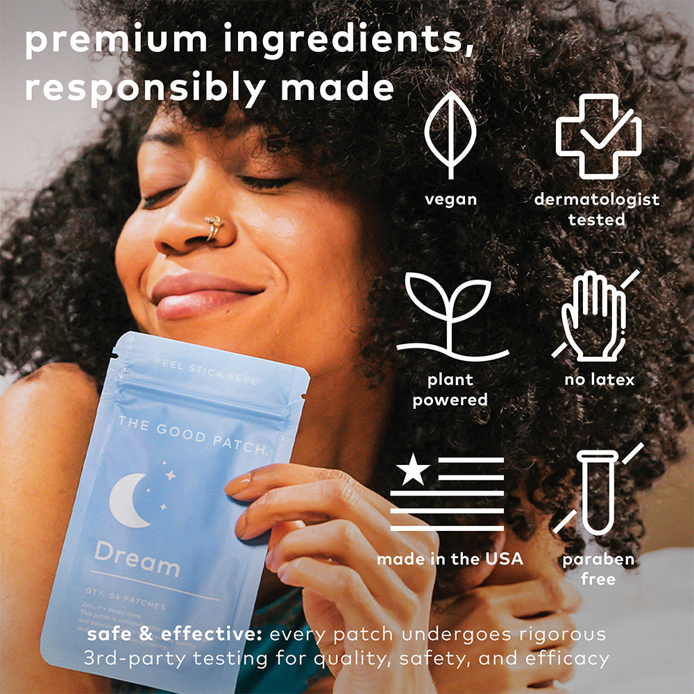 Light blue Dream Patch pouch showing icons: vegan, dermatologist tested, plant powered, latex-free, made in USA, paraben free. Sizes: available.