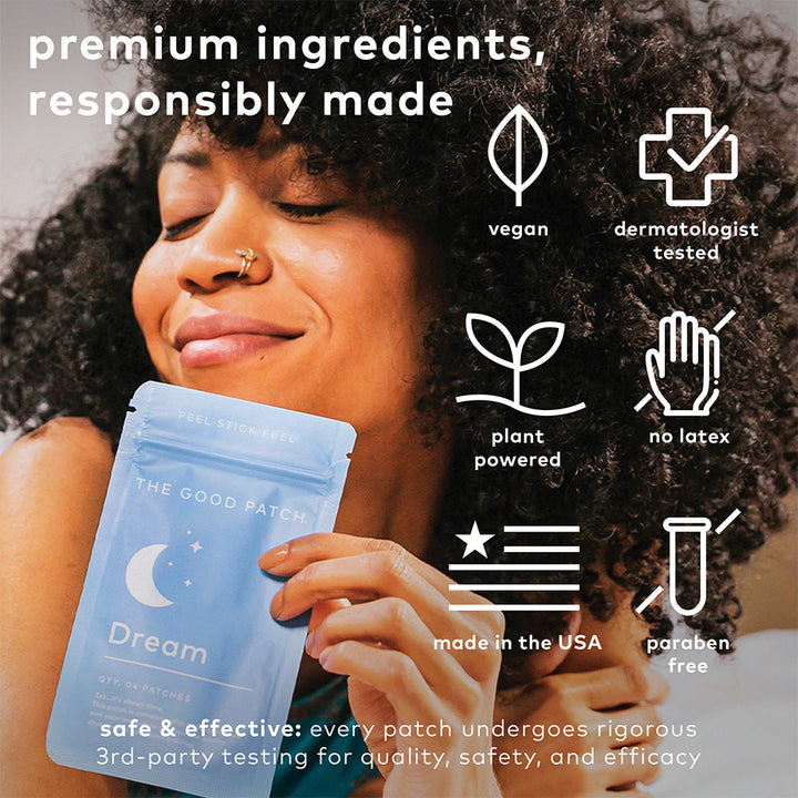 Light blue Dream Patch pouch showing icons: vegan, dermatologist tested, plant powered, latex-free, made in USA, paraben free. Sizes: available.