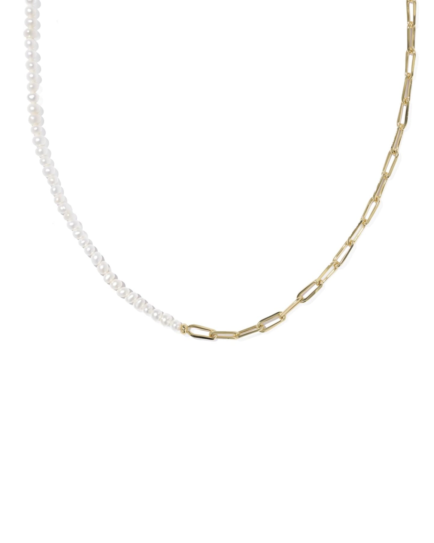 The Markie Half Chain Necklace features freshwater pearls on one side, gold paperclip chain on the other. Available in 16", 18".