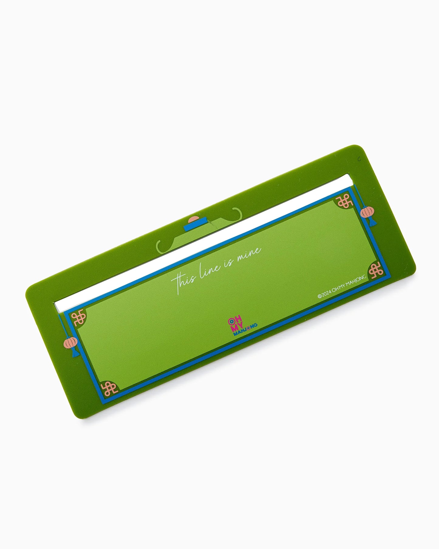 Green rectangular Mahjong Line Finder with decorative patterns, whimsical hat illustration, and "this lane is mine" in white script at the center. Logo and text branding at the bottom. Available in multiple sizes.