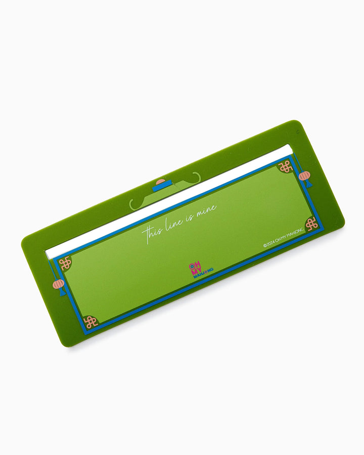 Green rectangular Mahjong Line Finder with decorative patterns, whimsical hat illustration, and "this lane is mine" in white script at the center. Logo and text branding at the bottom. Available in multiple sizes.