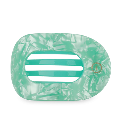 Rectangular pastel green marbled hair claw with wide horizontal openings. Available in small and large sizes.