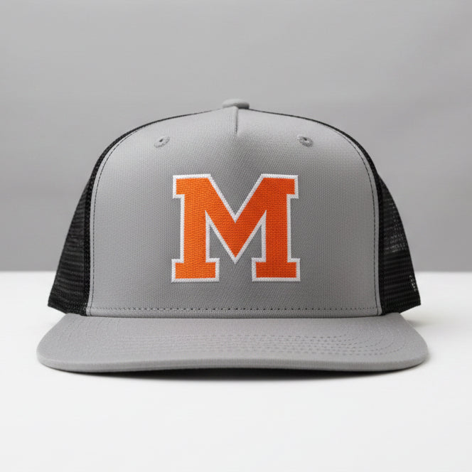 Gray and black adjustable Mineola “M” Hat with bold orange "M" on front; available in one size fits most.