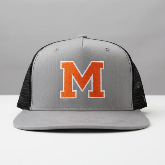Gray and black adjustable Mineola “M” Hat with bold orange "M" on front; available in one size fits most.