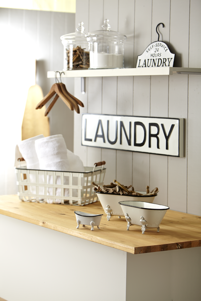 Black & White Enamel Mini Bathtub in a vintage-inspired design, used for storage or decor; available in multiple sizes.