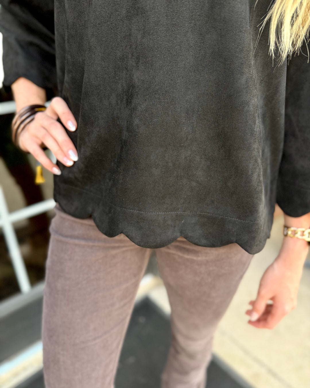Sienna Scallop Top in a dark color, shown on torso and upper legs. Available in sizes XS–XL.