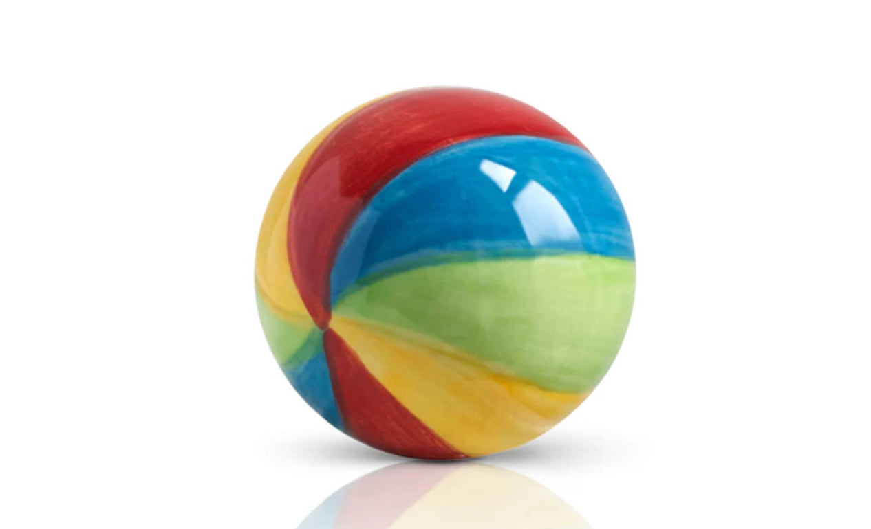 A brightly colored spherical toy ball with swirling segments of red, blue, yellow, and green. Shiny surface reflects light. Sizes available: small (4 inches), medium (6 inches), large (8 inches).