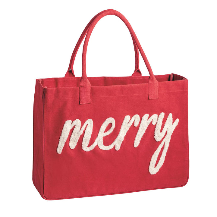 Holiday Boucle Tote, red canvas bag with two cotton webbing handles and “merry” in textured white script.