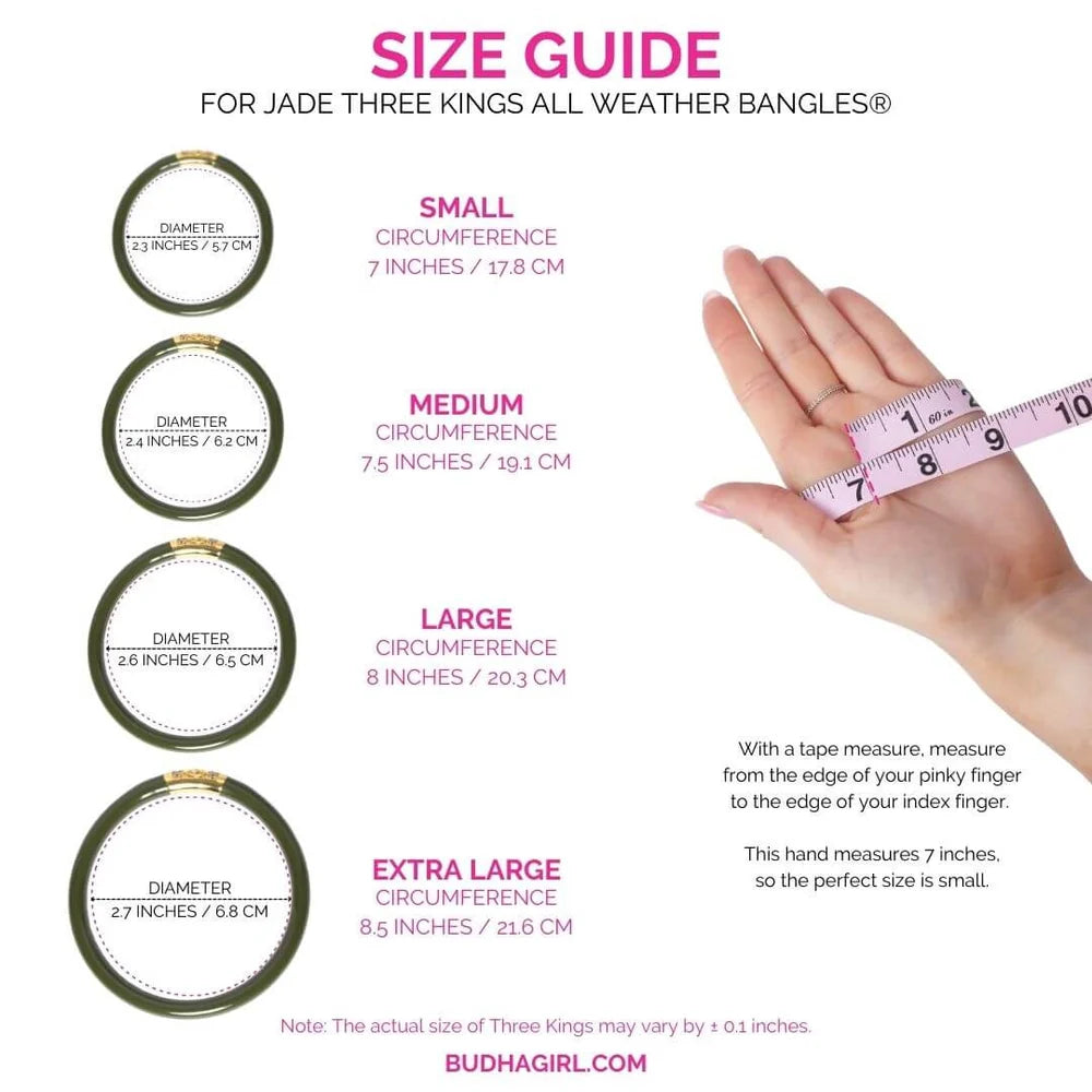 Three Kings All Weather Bangles | Jade by BuDhaGirl shown with sizing guide for four available sizes: small, medium, large, and extra large, including diameter and circumference details.