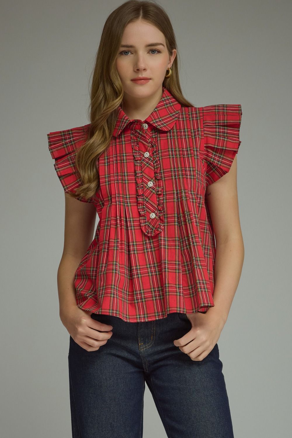 Red plaid ruffle blouse with short sleeves, available in sizes XS-XL.