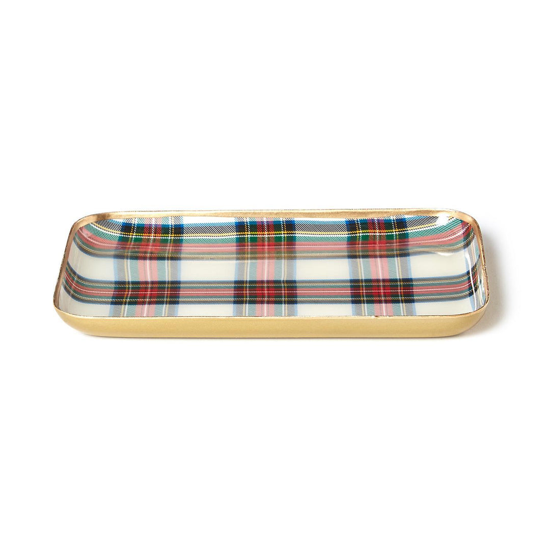 Rectangular tartan metal trays in red, white, green, and blue with a metallic gold rim.