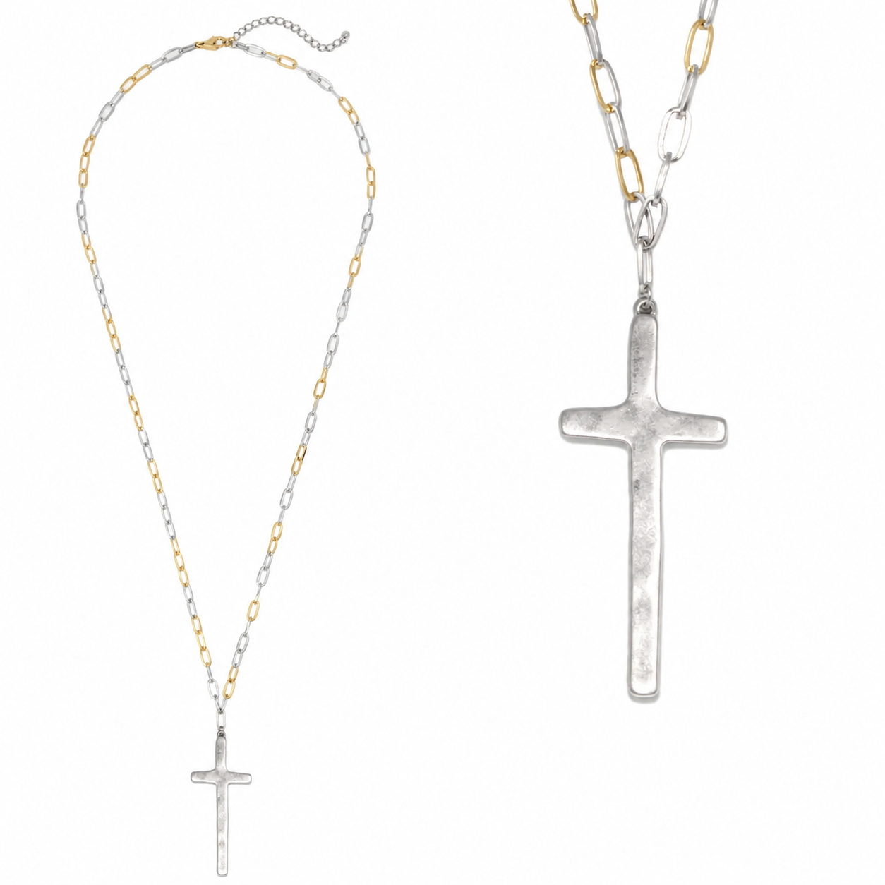 Silver cross pendant on a two-tone chain with alternating silver and gold elongated links. Available in 16-inch, 18-inch, and 20-inch sizes.