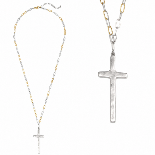 Silver cross pendant on a two-tone chain with alternating silver and gold elongated links. Available in 16-inch, 18-inch, and 20-inch sizes.