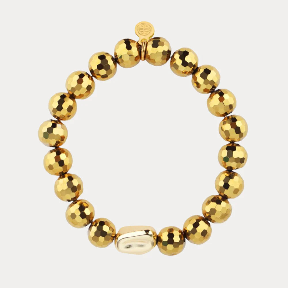 The Disco Bracelet features shiny, faceted gold-colored resin beads, a smooth oval accent bead, and a small BuDhaGirl charm. Available in multiple sizes.