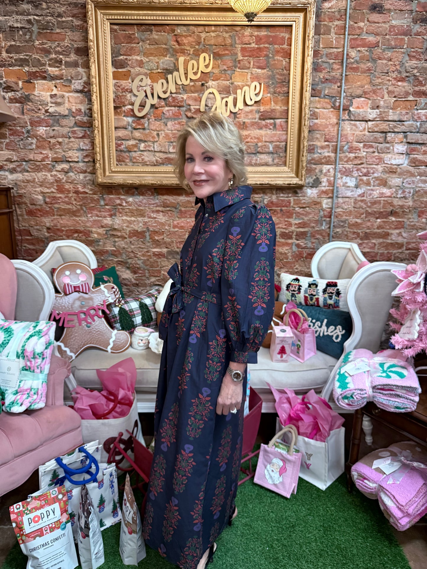 Navy Block Print Belted Dress