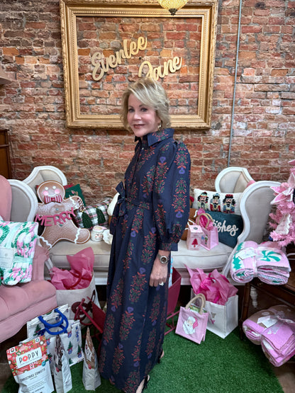 Navy Block Print Belted Dress