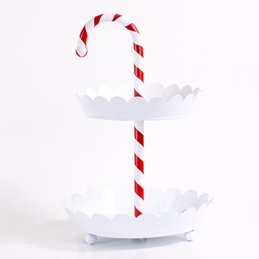 Candy Cane tiered server with two scalloped white trays and candy cane-striped post.