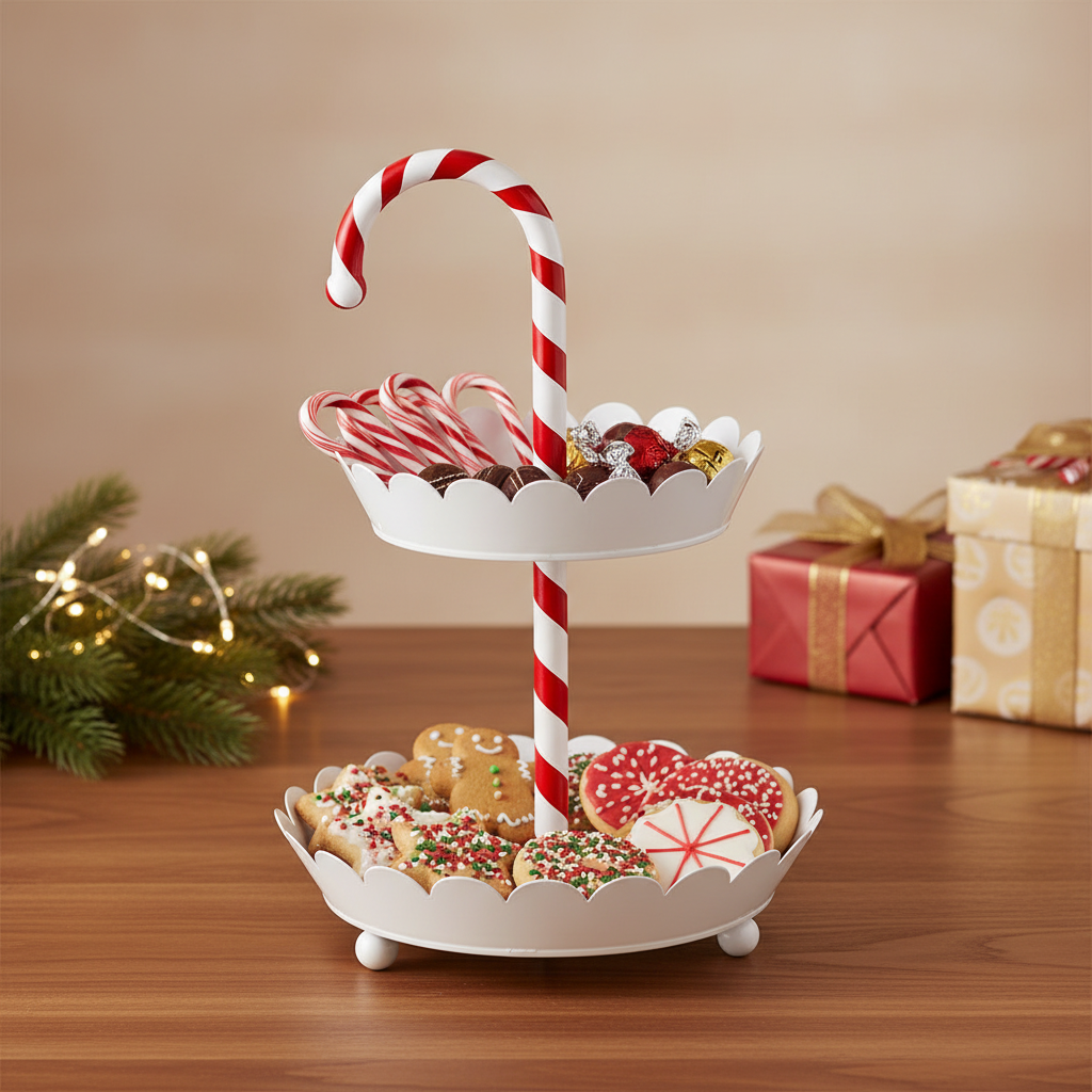 Candy Cane Tiered Server with two white tiers and a candy cane-shaped handle.