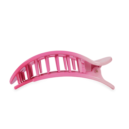 Pink, curved, open-slotted Kiss and Tell Teleties hair clip. Available in small, medium, and large sizes.
