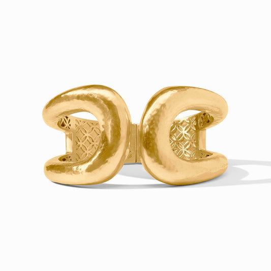 Chunky 24K gold cuff with two rounded crescents, joined by a hinged patterned detail. Available in S, M, and L.