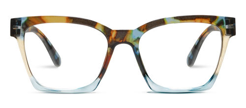 Birdie Progressives Blue Quartz Colorblock eyeglasses have a rectangular frame with blue, orange, brown, and yellow tortoiseshell colorblock pattern. The frame is thicker at the top and thins toward the bottom, features UV400 protection, and is available in multiple sizes.