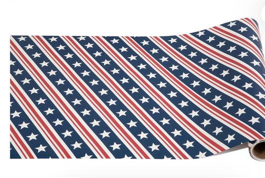 The stars and stripes table runner is 20 x 25 it’s red, white and blue with white stars and red stripes