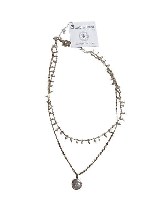 The Fun Pearl 2 Chain Necklace features three distinct chains—simple, beaded, and silver-accented. It includes a circular pendant with a raised design and an attached tag reading "Michal Vrona" and "shopmvstyle.com." Available in one size.