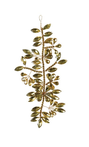 Gold-toned acrylic branch ornament with faceted leaves and zircon details on a wire stem.