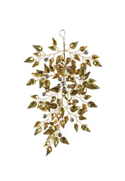 Acrylic Wired Jeweled Ornament with gold teardrop-shaped acrylic crystals and silver beads on flexible wire.