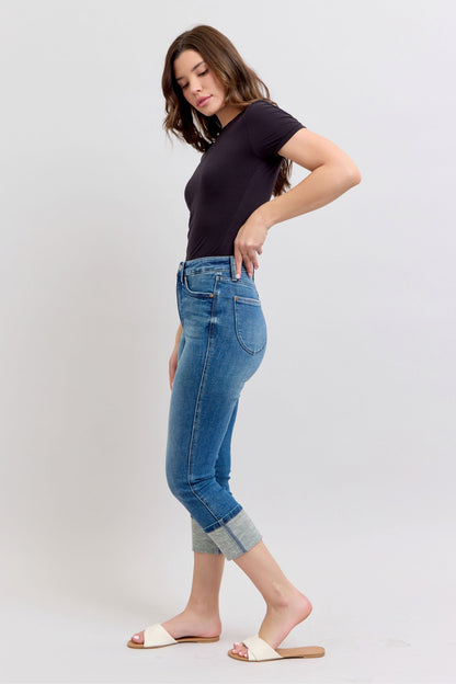 Judy Blue HW Tummy Control Back Shield Pkts & Cuff Capri jeans; available in sizes 0-20.