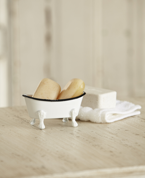 Two bars of soap in a Black & White Enamel Mini Bathtub soap dish. Sizes available: mini.