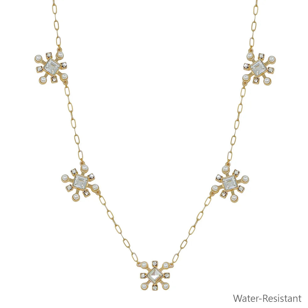 Bily Gold Pearl Necklace with five geometric pendants and pearls on a delicate gold chain; water-resistant. Sizes available: not specified.
