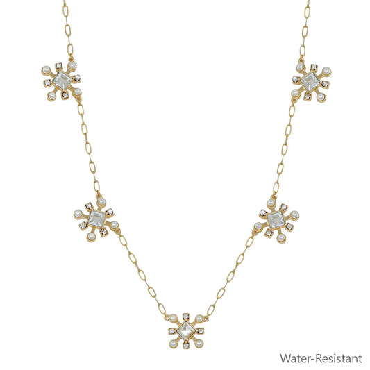 Bily Gold Pearl Necklace with five geometric pendants and pearls on a delicate gold chain; water-resistant. Sizes available: not specified.