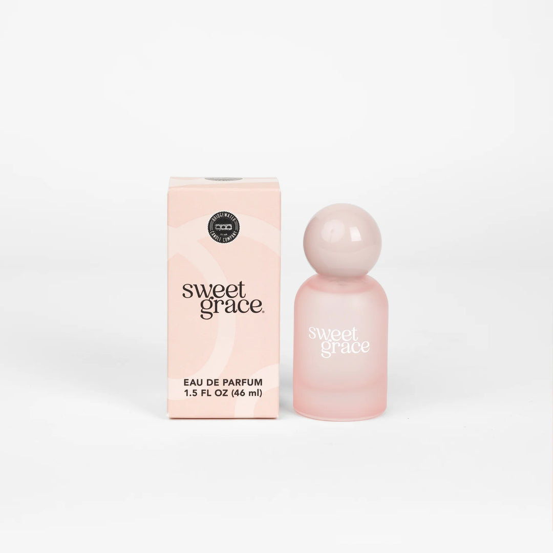 Sweet Grace Eau de Parfum, 1.5 fl oz (46 ml). Pale pink box and matching bottle. Scent notes: exotic passion fruit, classic patchouli.
