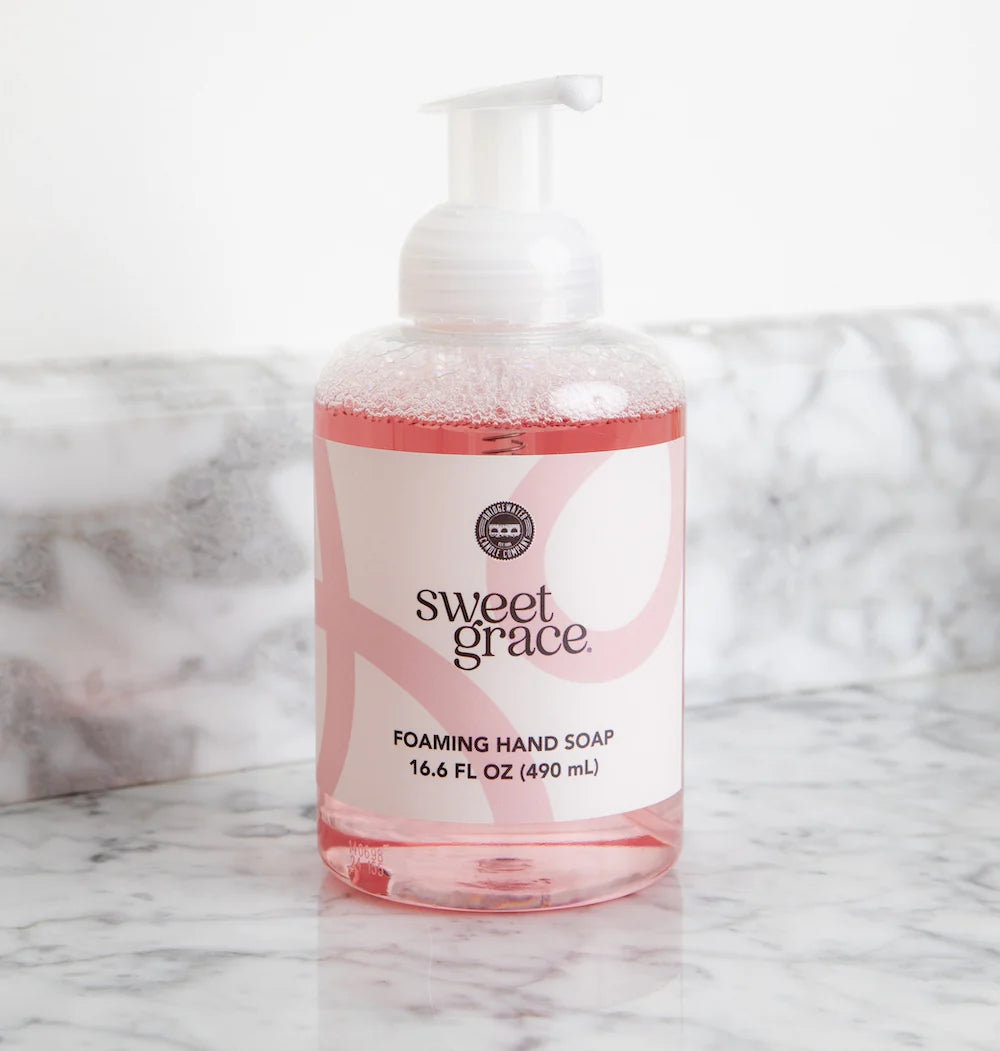 Sweet Grace Foaming Hand Soap, 16.6-ounce clear bottle with pink moisturizing aloe formula.