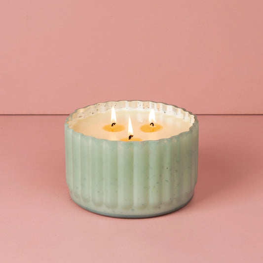 Sweet Grace Collection Candle #065: Light green ribbed ceramic vessel, three wicks, soy-blend wax. Sizes available: 17.6 oz.
