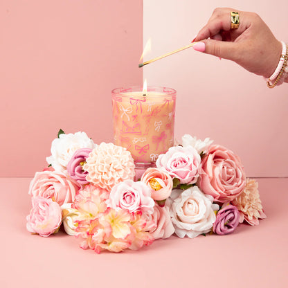 Sweet Grace Collection Pink Bow Candle #072, soy-blend wax, sizes: 8oz, 12oz; features pink bow lid.