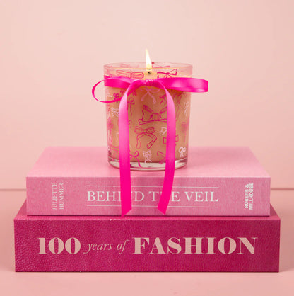 Sweet Grace Collection Pink Bow Candle #072, available in multiple sizes, with a delicate pink bow design.