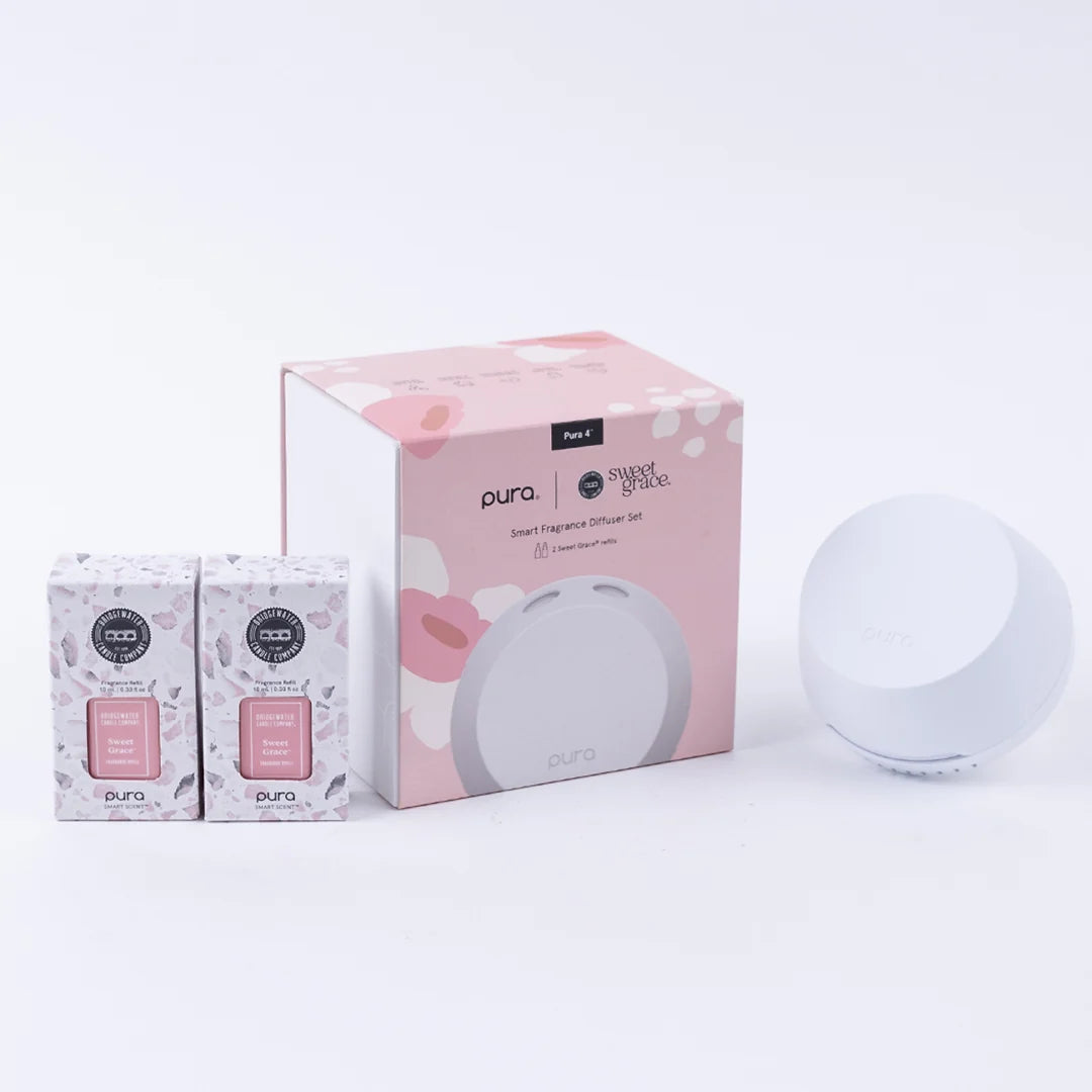 PURA + Bridgewater Sweet Grace Lover’s Kit: round white diffuser, branded box, and two 0.33-ounce fragrance vials.