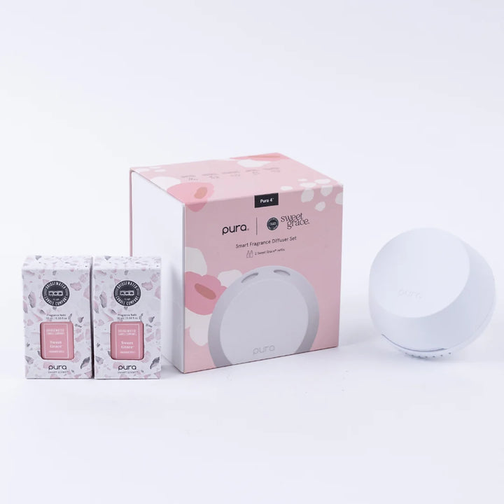 PURA + Bridgewater Sweet Grace Lover’s Kit: round white diffuser, branded box, and two 0.33-ounce fragrance vials.