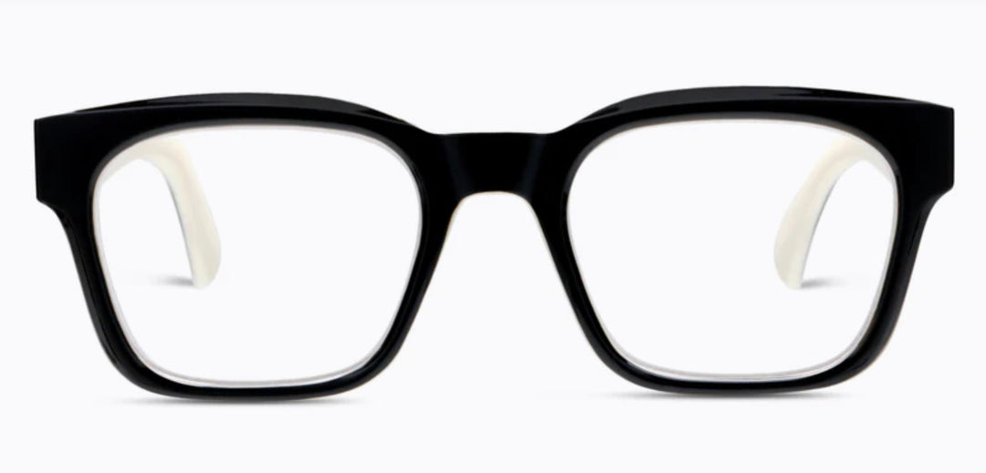 Peepers - Boone eyeglasses with black, thick-rimmed rectangular acetate frames and clear lenses; available in multiple sizes.