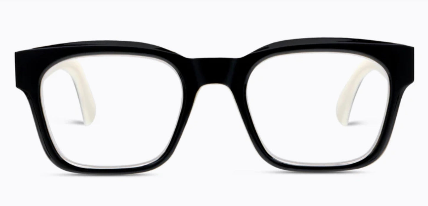 Peepers - Boone eyeglasses with black, thick-rimmed rectangular acetate frames and clear lenses; available in multiple sizes.