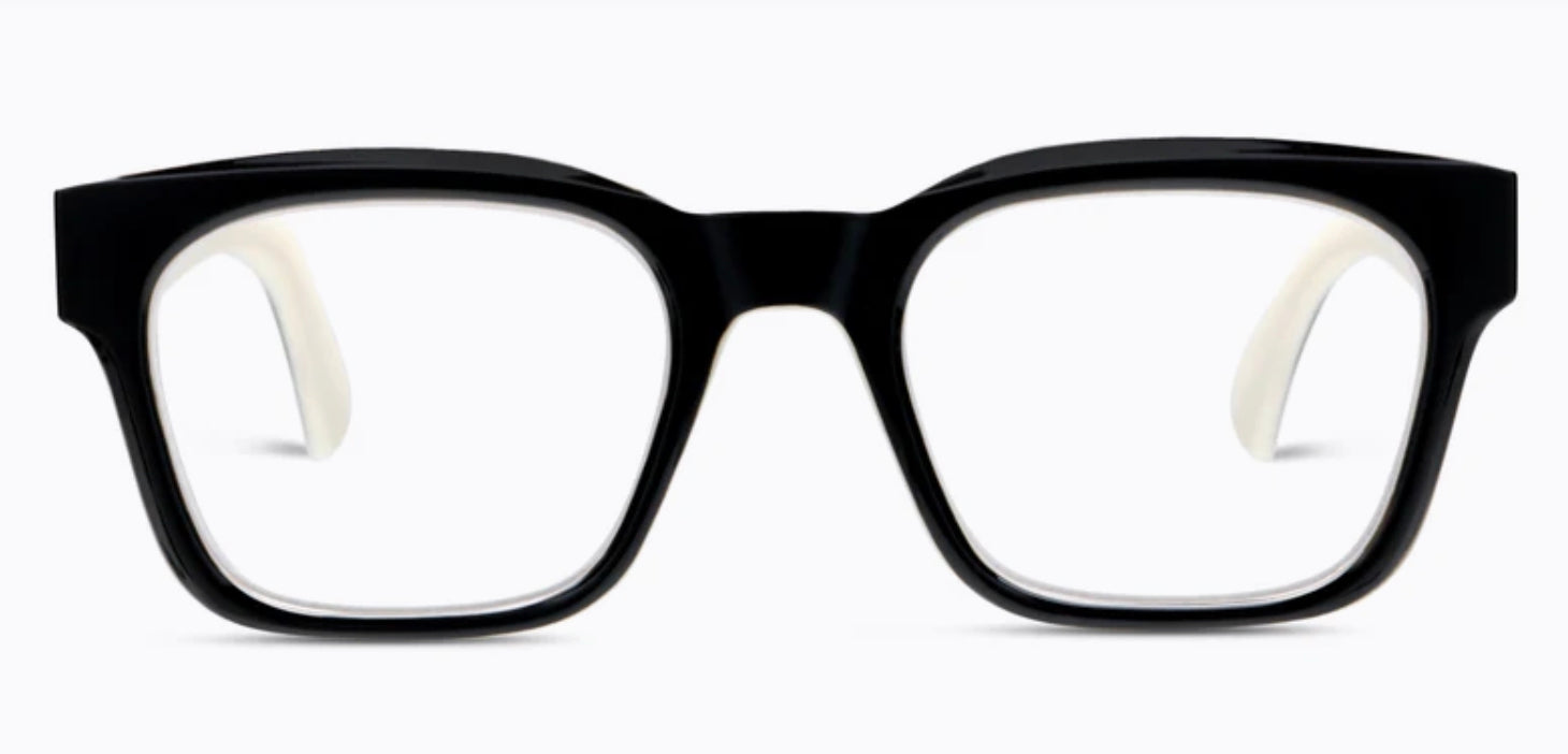 Peepers - Boone eyeglasses with black, thick-rimmed rectangular acetate frames and clear lenses; available in multiple sizes.