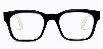 Peepers - Boone eyeglasses with black, thick-rimmed rectangular acetate frames and clear lenses; available in multiple sizes.