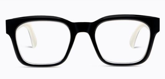 Peepers - Boone eyeglasses with black, thick-rimmed rectangular acetate frames and clear lenses; available in multiple sizes.