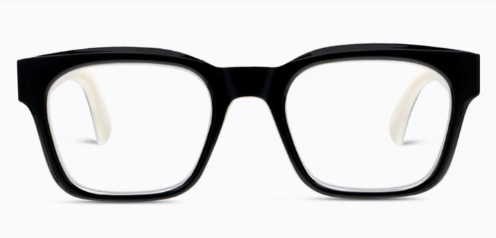 Peepers - Boone eyeglasses with black, thick-rimmed rectangular acetate frames and clear lenses; available in multiple sizes.