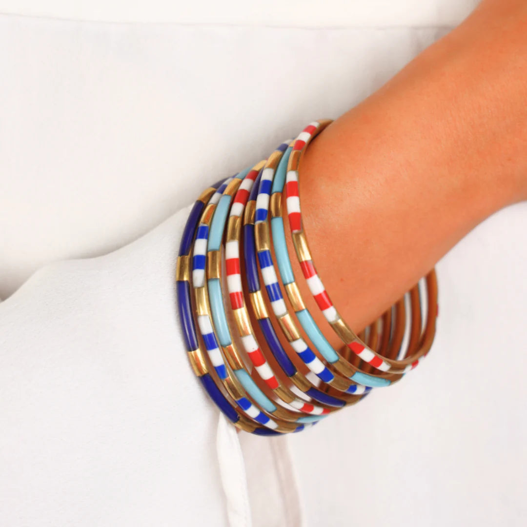 The Firecracker Veda Stack—BuDhaGirl bangles in red, white, blue, gold, turquoise. Available in S, M, L.