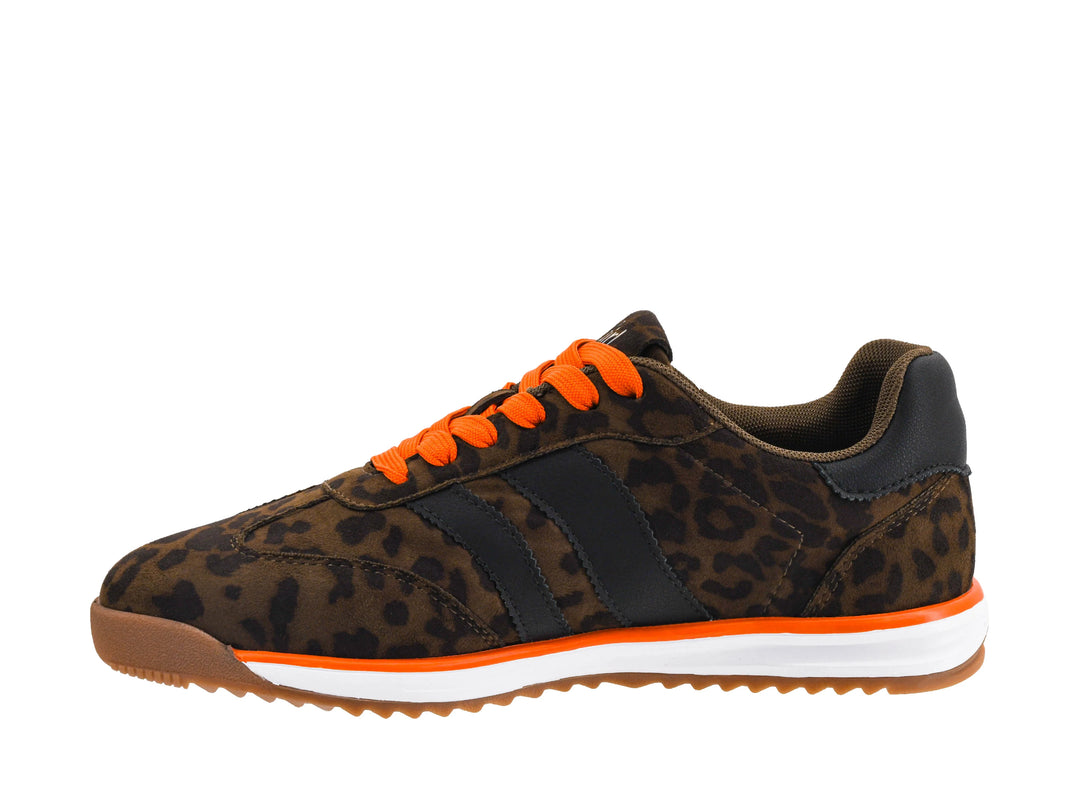 Run It Back Leopard low-top sneakers in brown leopard print with black side stripes, orange laces, and a white and orange midsole with gum outsole. Available in multiple sizes.
