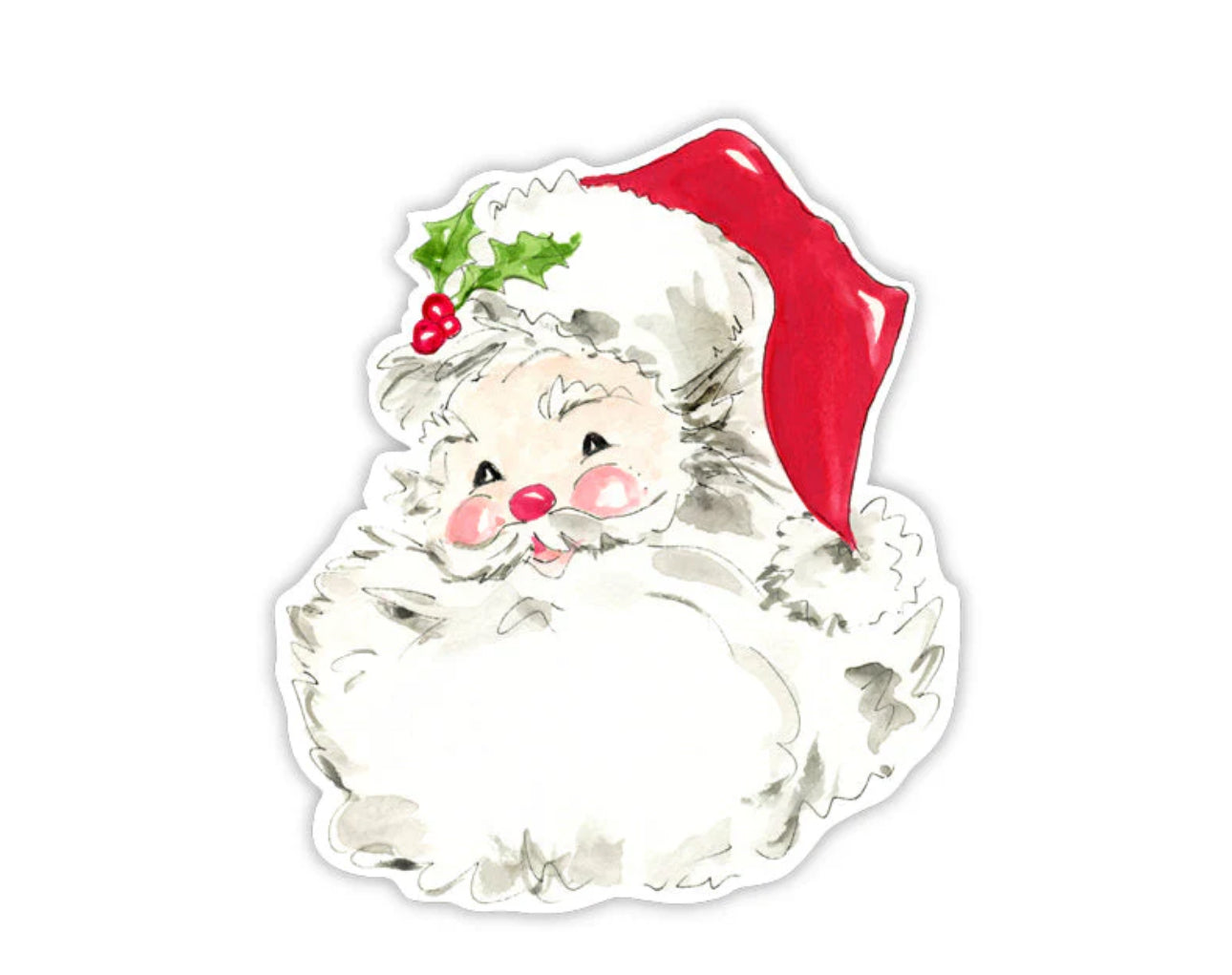 Charming Santa Claus Die Cut Accents featuring a fluffy white beard, rosy cheeks, and a red hat with holly. Ideal for table accents or nontraditional place cards. Sizes: Small, Medium.