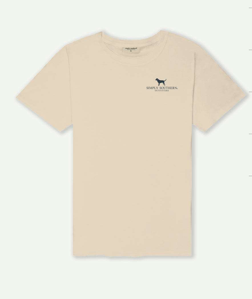 A plain light beige short sleeve shirt displayed against a white background with the logo "Simply Southern" and a small bird silhouette printed in black at the front near the collar.